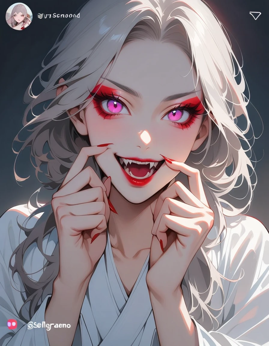 A beautiful Japanese woman with pink eyes, Long eyelashes and red lips,dressed in white Hanfu,Similar makeup to Ueno Yosuke,Selfie on Instagram,Vampire fangs protruding from between fingers. She has fair skin. Background color should be gray. Her expression conveys confidence or playfulness.