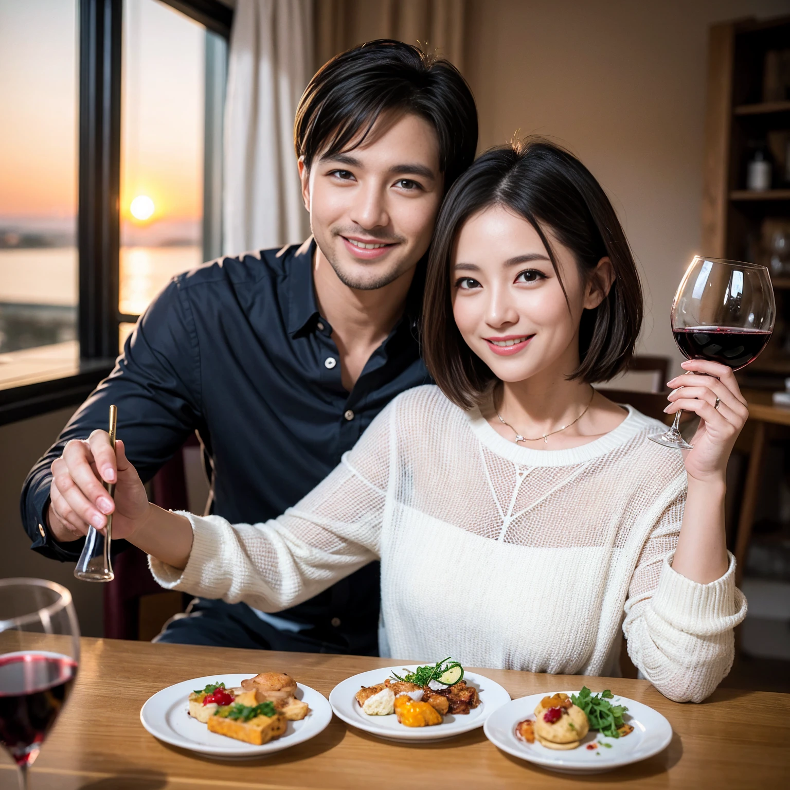 ((Highest quality、8k、masterpiece:1.3))、 (Genuineistic, Genuine、Bright image、Intricate details:1.2), Best smile 1 man 1 woman、Beautiful Couple、spouse、Couple、spouse、Beautiful Couple、Smile、full-course dinner、 (Slim face), (The body is slim), (Brown Hair), (short hair), テーブルの上のwine glass、Please shine a light on my face、 Amazing view of the sunset sky and clouds、 (Age 36), 41 years old, red wine 、Appetizers、Wine bottle、sparkling wine、Long sleeve shirt、dress、White wine, red wine, wine glass,