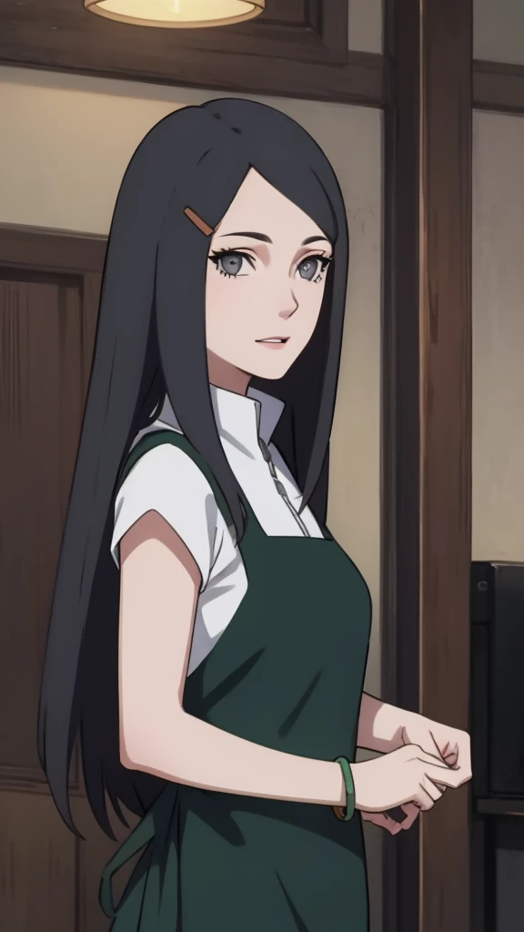 {-erro_de_anatomia:1.0} kushina, kushina, long hair, hair ornament, black hair, hairclip, (grey eyes:1.5), BREAK shirt, dress, jewelry, white shirt, short sleeves, apron, bracelet, green apron, collar, BREAK looking at viewer, upper body, full body, cowboy shot, BREAK indoors, BREAK (masterpiece:1.2), best quality, high resolution, unity 8k wallpaper, (illustration:0.8), (beautiful detailed eyes:1.6), extremely detailed face, perfect lighting, extremely detailed CG, (perfect hands, perfect anatomy),