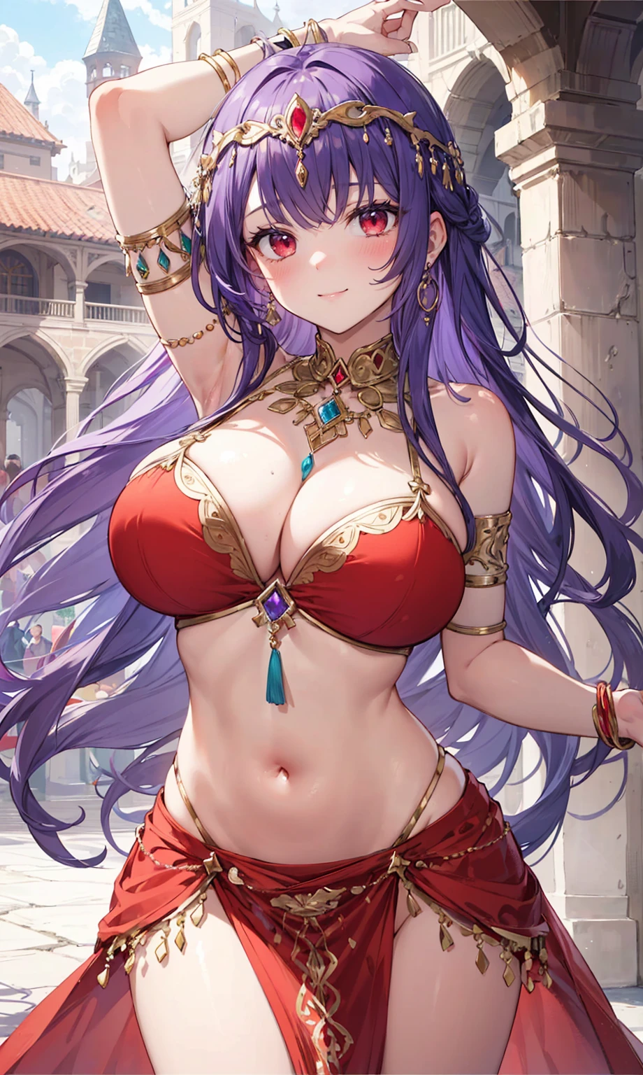high quality, ultra detailed, best quality, insanely detailed, beautiful, masterpiece, 1girl, medieval plaza, cowboy shot, red eyes, long hair, purple hair, belly dancer, circlet, earrings, armlets, bracelets, bashful smile, large breasts, cleavage, soft stomach