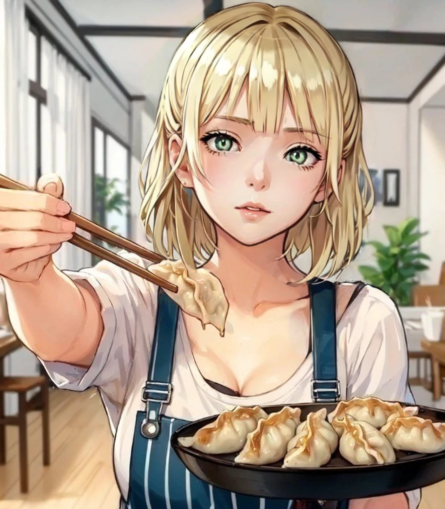 Short blonde hair、Green Eyes、