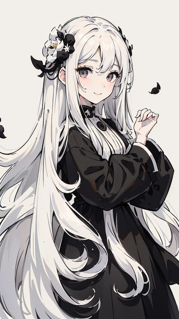 Woman , long wavy white hair, long wavy white hair , long wavy hair, long wavy hair, black eyes, black eyes, FOV, f1.8, masterpiece, front portrait shot, black and white casual modern clothing, plain white colored background with black petals, black petals, close up, smiling, full body