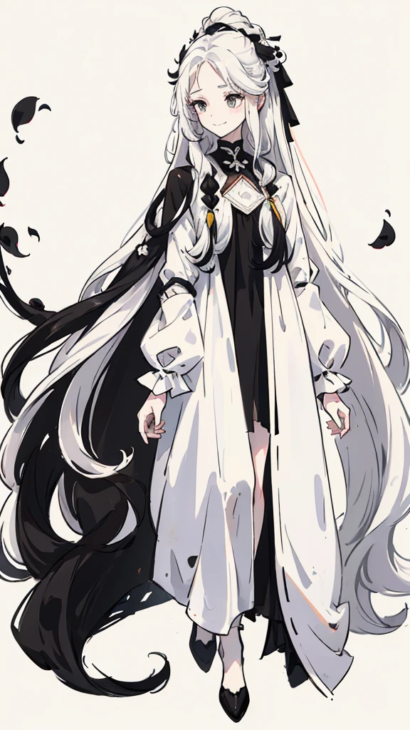 Woman , long wavy white hair, long wavy white hair , long wavy hair, long wavy hair, black eyes, black eyes, FOV, f1.8, masterpiece, front portrait shot, black and white casual modern clothing, plain white colored background with black petals, black petals, close up, smiling, full body
