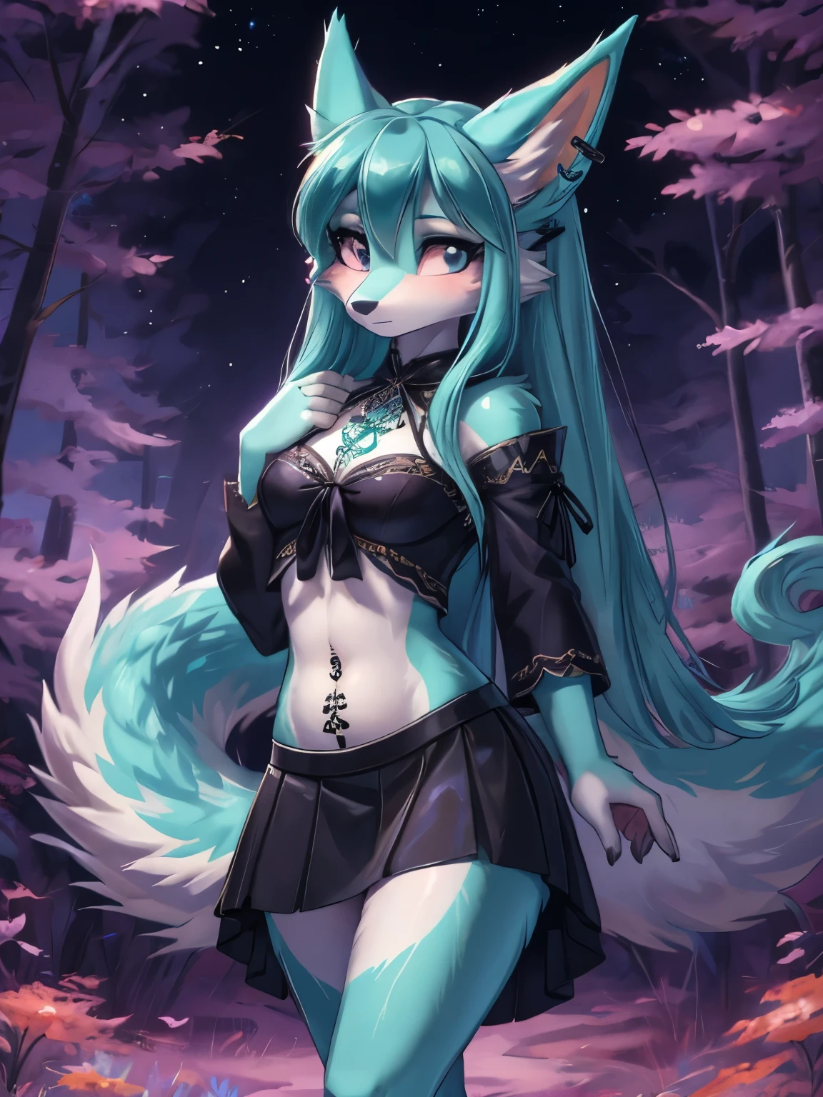 Chica anime, anime style, cute hatsune miku x suicune, shy girl , Orejas de Kitsune, arte de dark natasha, autum forest landscape, arte de vixen aztra, cuerpo completo, patas hermosas, cintura delgada, caderas amplias, piernas torneadas, hermosa, foto de cuerpo completo, sensual navel blouse, black mini skirt, navel piercing, ear piercing, navel tattoo, shy pose, beatifull and detailed hands, hincada en una playa mirando las estrellas de noche, witch girl, black aura, magic girl,  witc dress, pentagrama in flor, sensual teennaged 