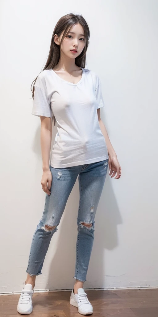(full body:1.5), 1girl, long hair, ((Wearing a white T-shirt:1.5)), (Small breasts:1.5), Wearing denim pants, Highest quality, figure, Super detailed, Fine details, High resolution, 8k wallpaper, Perfect dynamic composition, Beautiful attention to detail, A woman with a slightly young face, Hori's pale face, Small and cute nose, Baby Face, cute double, round face, Baby Face, Eyes slightly apart, Brown hair long, Has bangs, Small breastsと自然な色の唇, smile, Harajuku, 20-year-old girl, 白いTシャツを着てロング丈のWearing denim pants, Brown hair longで胸下まである長さの髪の毛, The shoes worn are sneakers