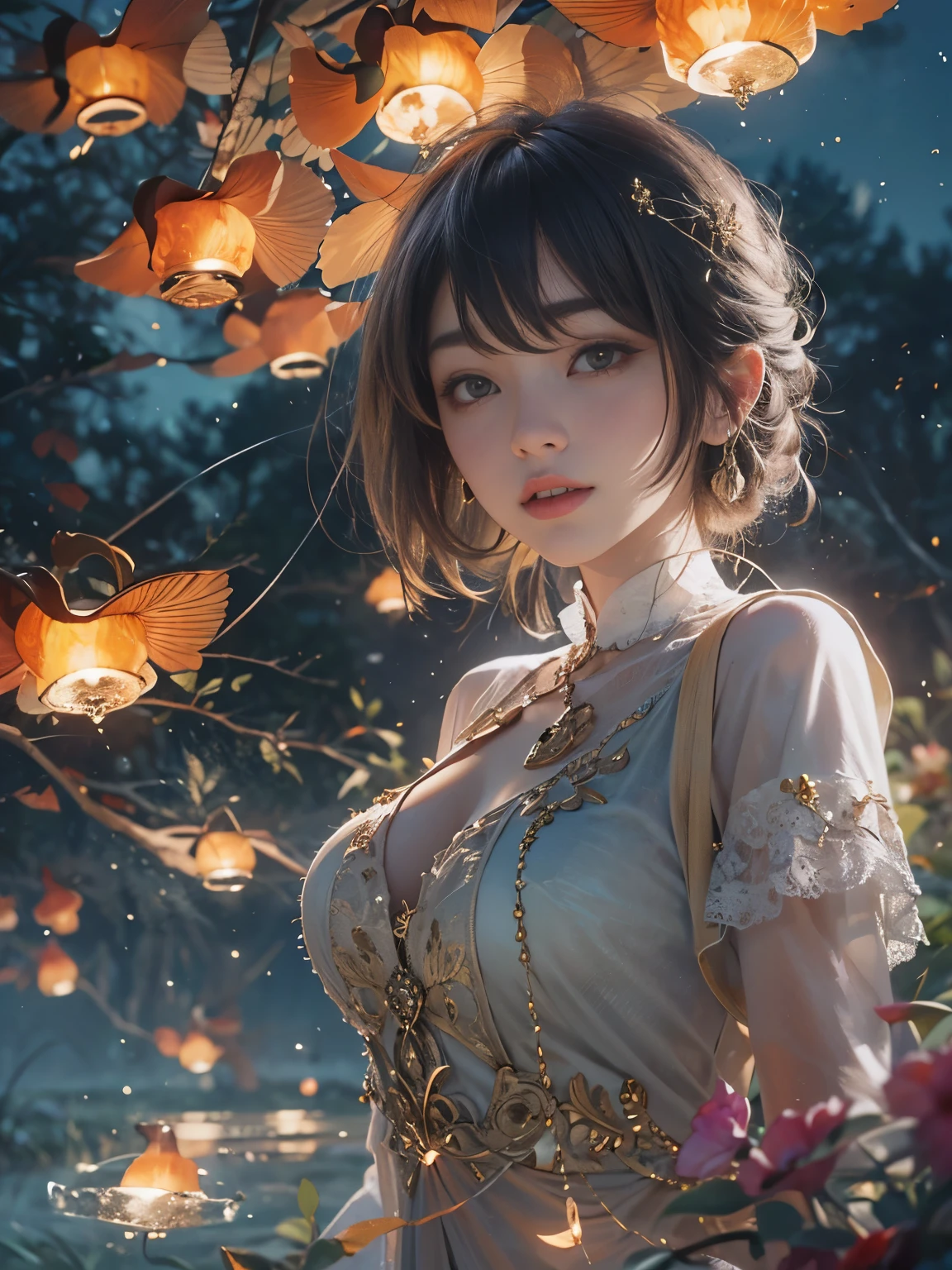 (8k, Highest quality, masterpiece: 1.2), (Realistic, photoRealistic: 1.37), Very detailed, One Girl, Wide viewing angles, Firefly Garden, Small faint lights and fireflies flitting about, night, Yasutomo Oka&#39;s painting style, huge firm bouncing bust, The cleavage is visible, Intricate details, Splash screen, 8K resolution, masterpiece, Gentle smile, Mysterious Background, aura, A gentle gaze, break, blonde, Dynamic sexy pose,