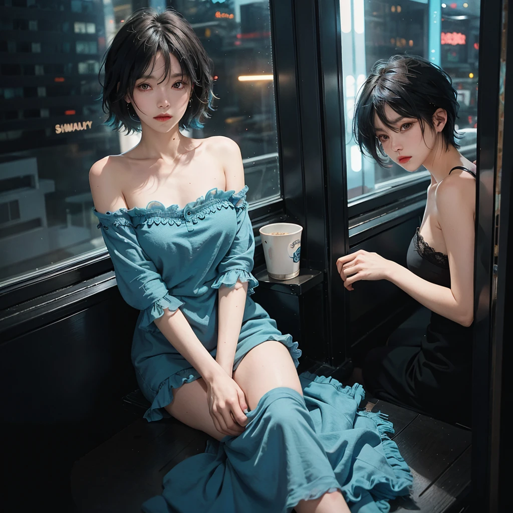 High quality, 16k, 8k, HD, best quality, black and cyan hair color, short hair, perfect face, beautiful, without makeup, restless face, looking out the window, nighttime, midnight, quiet, cyberpunk, nightgown, midnight, feeling uncomfortable, oppai, faceless