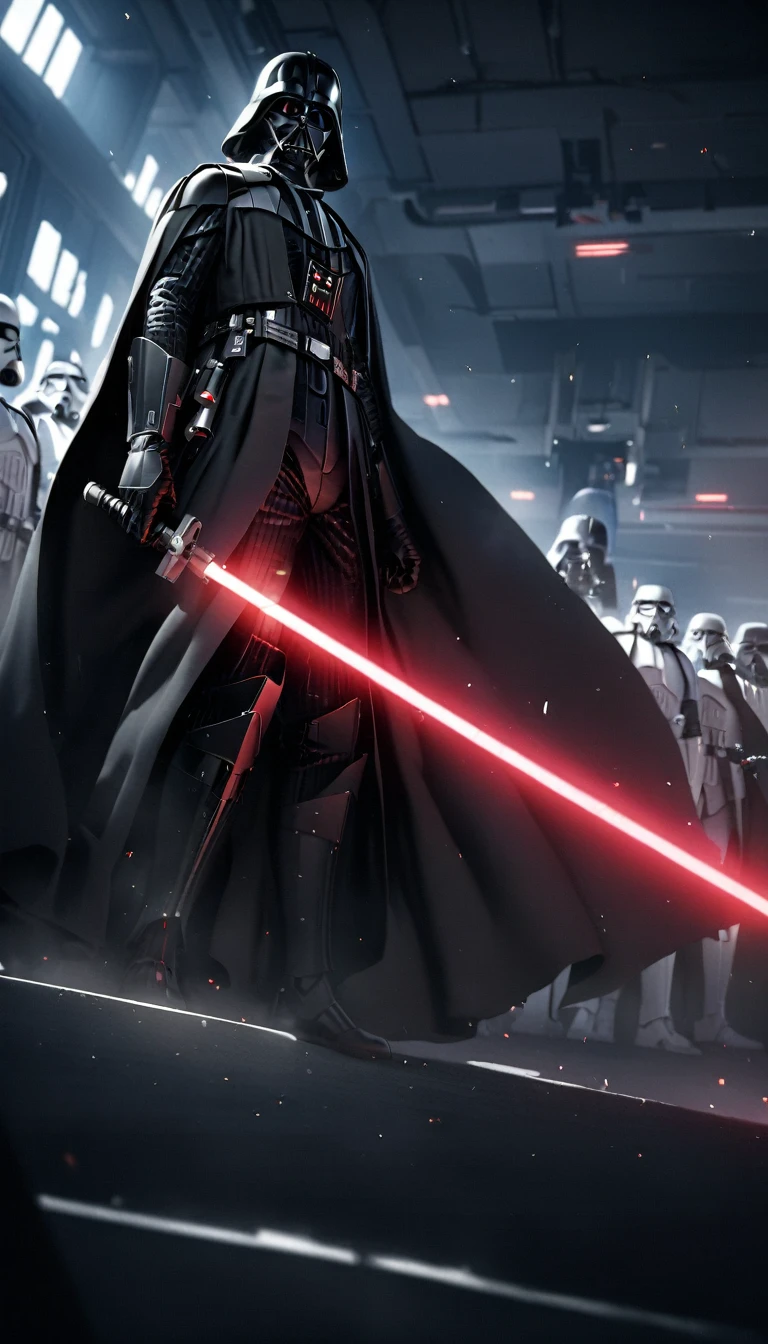 darth vader standing in front of a group of storm troopers in a room,
holding lightsabe in his hands, walking across a bunch of stormtroopers behind him,
Black_outfit,hood, hood_up, boots, darth vader helmet,cape,armor, shoulder armor, armored boots,
glowing_sword, glowing_weapon,holding_sword, holding_weapon, hood, laser, lightsaber,holding a lightsaber,energy_sword, glowing, glowing_weapon,darth vader,
1 Man, looking at viewer,(closed mouth:1.0),
NSFW,official art,extremely detailed CG unity 8k wallpaper, perfect lighting,Colorful, Bright_Front_face_Lighting,
(masterpiece:1.0),(best_quality:1.0), ultra high res,4K,ultra-detailed,
photography, 8K, HDR, highres, absurdres:1.2, Kodak portra 400, film grain, blurry background, bokeh:1.2, lens flare, (vibrant_color:1.2)