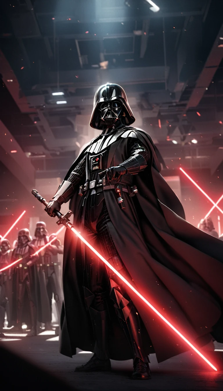darth vader standing in front of a group of storm troopers in a room,
holding lightsabe in his hands, walking across a bunch of stormtroopers behind him,
Black_outfit,hood, hood_up, boots, darth vader helmet,cape,armor, shoulder armor, armored boots,  
glowing_sword, glowing_weapon,holding_sword, holding_weapon, hood, laser, lightsaber,holding a lightsaber,energy_sword, glowing, glowing_weapon,darth vader,
1 Man, looking at viewer,(closed mouth:1.0),
NSFW,official art,extremely detailed CG unity 8k wallpaper, perfect lighting,Colorful, Bright_Front_face_Lighting,
(masterpiece:1.0),(best_quality:1.0), ultra high res,4K,ultra-detailed,
photography, 8K, HDR, highres, absurdres:1.2, Kodak portra 400, film grain, blurry background, bokeh:1.2, lens flare, (vibrant_color:1.2)