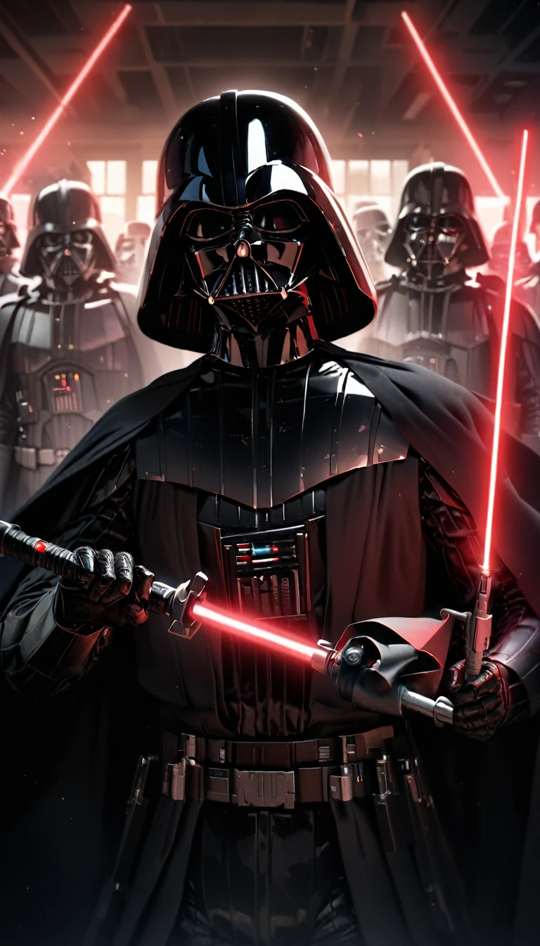 darth vader standing in front of a group of storm troopers in a room,
holding lightsabe in his hands, walking across a bunch of stormtroopers behind him,
Black_outfit,hood, hood_up, boots, darth vader helmet,cape,armor, shoulder armor, armored boots,
glowing_sword, glowing_weapon,holding_sword, holding_weapon, hood, laser, lightsaber,holding a lightsaber,energy_sword, glowing, glowing_weapon,darth vader,
1 Man, looking at viewer,(closed mouth:1.0),
NSFW,official art,extremely detailed CG unity 8k wallpaper, perfect lighting,Colorful, Bright_Front_face_Lighting,
(masterpiece:1.0),(best_quality:1.0), ultra high res,4K,ultra-detailed,
photography, 8K, HDR, highres, absurdres:1.2, Kodak portra 400, film grain, blurry background, bokeh:1.2, lens flare, (vibrant_color:1.2)