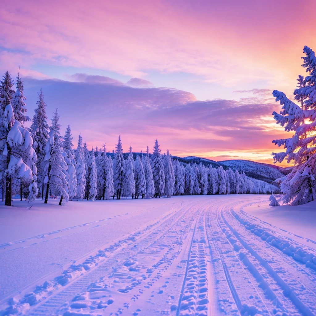 snowy road with tracks and tracks in the snow with a pink sky, magnificent background, magical colors and atmosphere, magical colours and atmosphere, glowing snow, stunning ski, extremely beautiful and ethereal, beautiful iphone wallpaper, pink landscape, background is heavenly, pink skies, warm beautiful scene, beautiful space, beautiful wallpaper, amazing sky, beautiful aesthetic, epic stunning atmosphere, roses floating, broken hearts floating