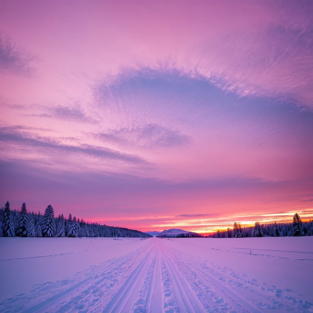 snowy road with tracks and tracks in the snow with a pink sky, magnificent background, magical colors and atmosphere, magical colours and atmosphere, glowing snow, stunning ski, extremely beautiful and ethereal, beautiful iphone wallpaper, pink landscape, background is heavenly, pink skies, warm beautiful scene, beautiful space, beautiful wallpaper, amazing sky, beautiful aesthetic, epic stunning atmosphere, roses floating, broken hearts floating