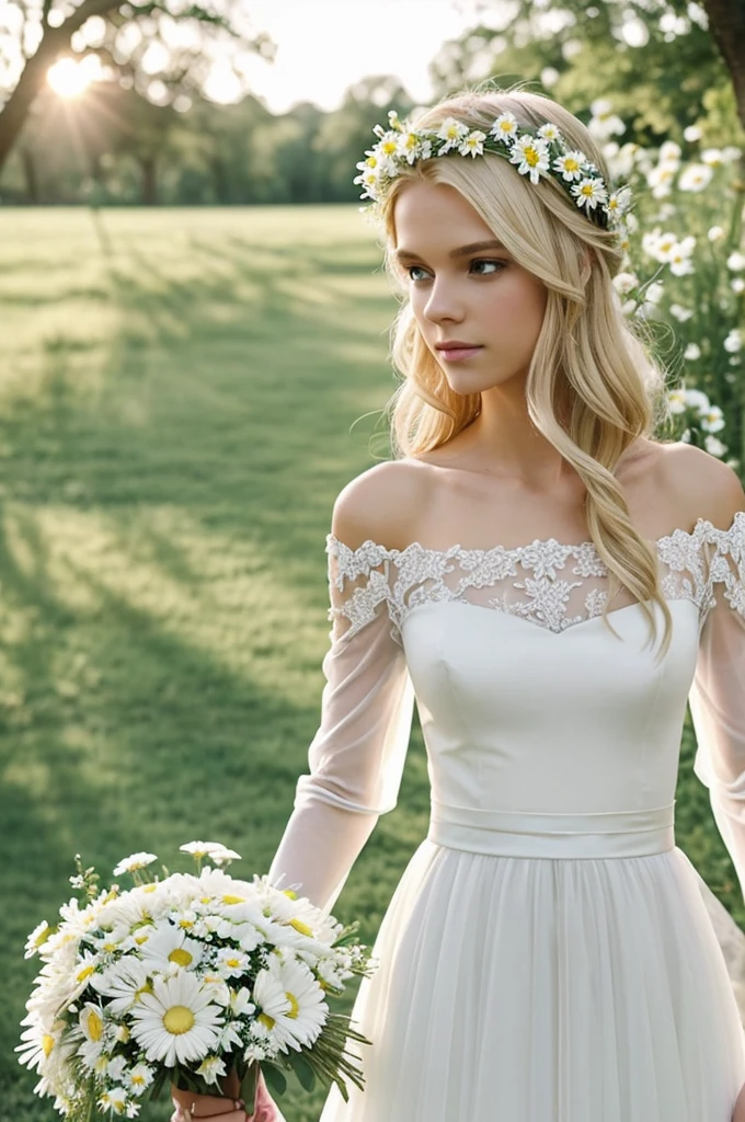 Slim blonde twink with pretty face wearing long plain white wedding dress with off-the-shoulder cut smooth and transparent long fluffy sleeves wearing colorful flower crown and holding a small bouquet of daisies in his hands at his side whoiselijah in wedding dress