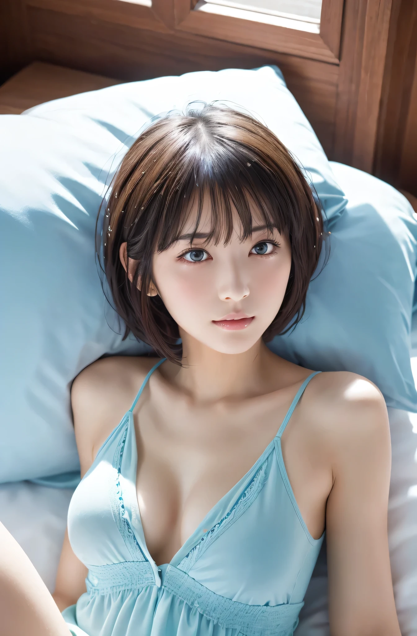 Beautiful girl lying on the bed, , (Highest quality:1.4), (Very detailed), (Very detailed美しい顔), avert your eyes, Light blue camisole, Great face and eyes, iris, Bob Hair, Japanese Beauty, (Skinny body type:1.1), (Flat Chest:1.3), Sleepy face,Smooth, Very detailed CG synthesis 8k wallpaper, High-resolution RAW color photos, Professional photography, Light, BackLight, dream-like, impressive, Written boundary depth, bedroom, (Close-up of face:1.5), (Shooting from the side:1.2)