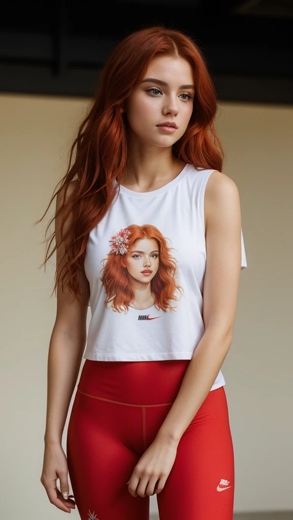 (((Masterpiece))), 25-year-old Caucasian French girl with shoulder-length messy red hair, adorned with , blooming hair akin to a royal . Captured in the best quality, this illustration serves as a 4K wallpaper, wearing T-shirt, black leggings, black Nike shoes, full silhouette