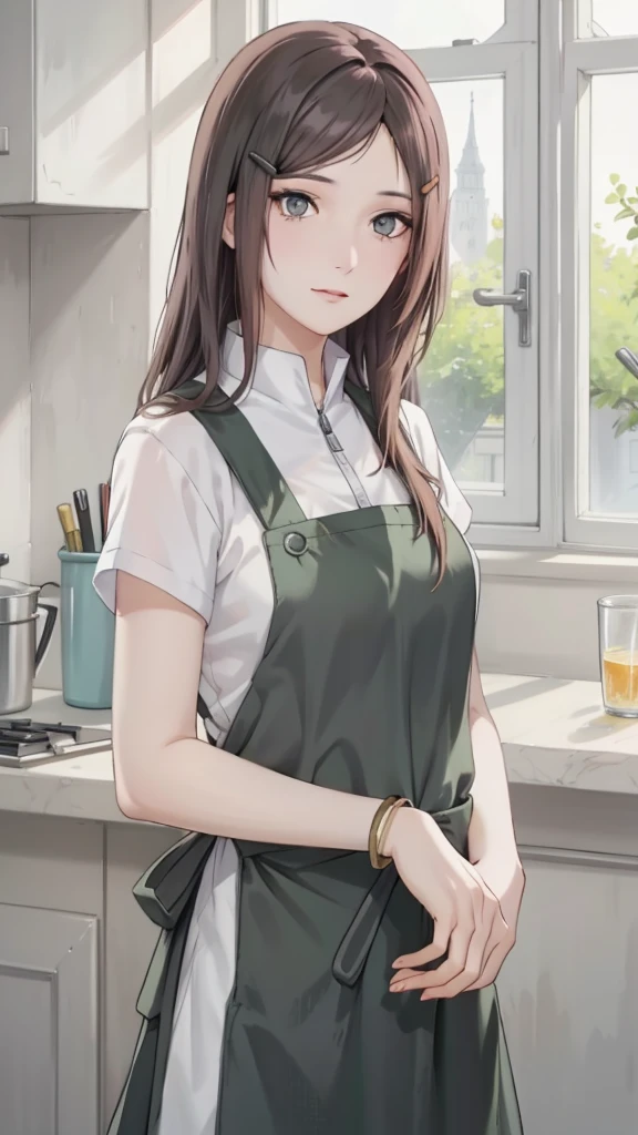 {-erro_de_anatomia:1.0} kushina, kushina, long hair, hair ornament, black hair, hairclip, (grey eyes:1.5), BREAK shirt, dress, jewelry, white shirt, short sleeves, apron, bracelet, green apron, collar, BREAK looking at viewer, upper body, full body, cowboy shot, BREAK indoors, BREAK (masterpiece:1.2), best quality, high resolution, unity 8k wallpaper, (illustration:0.8), (beautiful detailed eyes:1.6), extremely detailed face, perfect lighting, extremely detailed CG, (perfect hands, perfect anatomy),