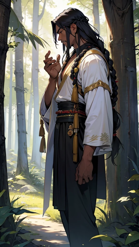 A tall black man with long hair and wearing a finger garland around his neck, has a big sword in his hand, Buddha talks to him in the middle of the forest.