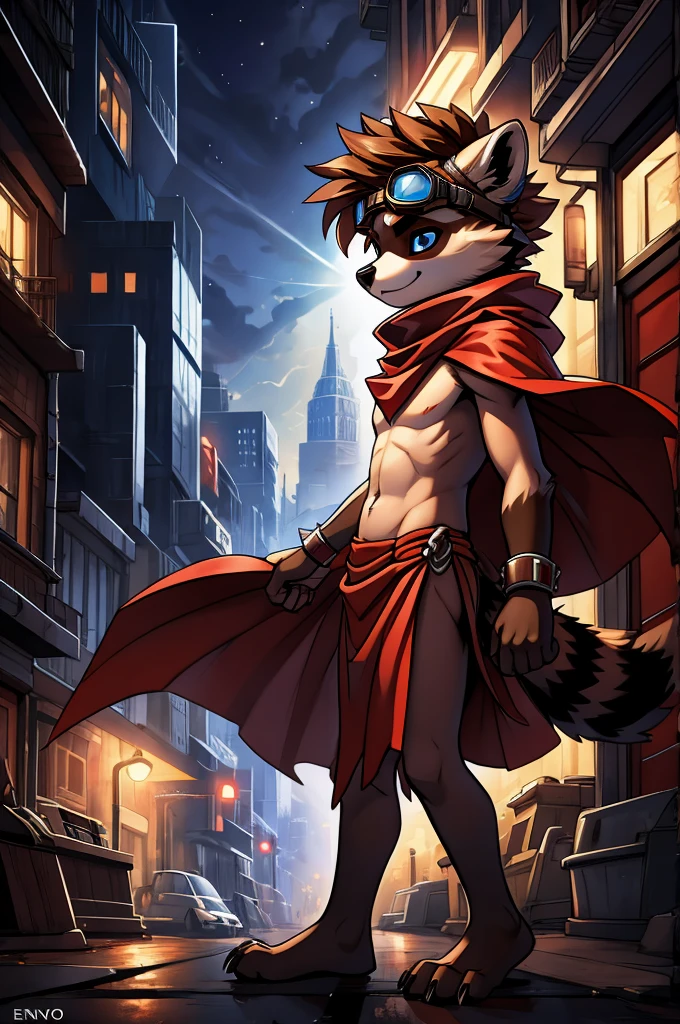 feno lighting, deep shadow, dynamic angle, masterpiece, high quality, hi res, solo, young Furry, furry, young, raccoon, spiked brown hair only on head, red scarf, blue eyes, goggles, red loincloth, red cape, masterpiece, detail body, fur all over body, detailed face, detailed eyes, detailed hands, Skinny, claws, high resolution, metal cuffs on wrists, no shirt, no underwear, city, night, street, side view