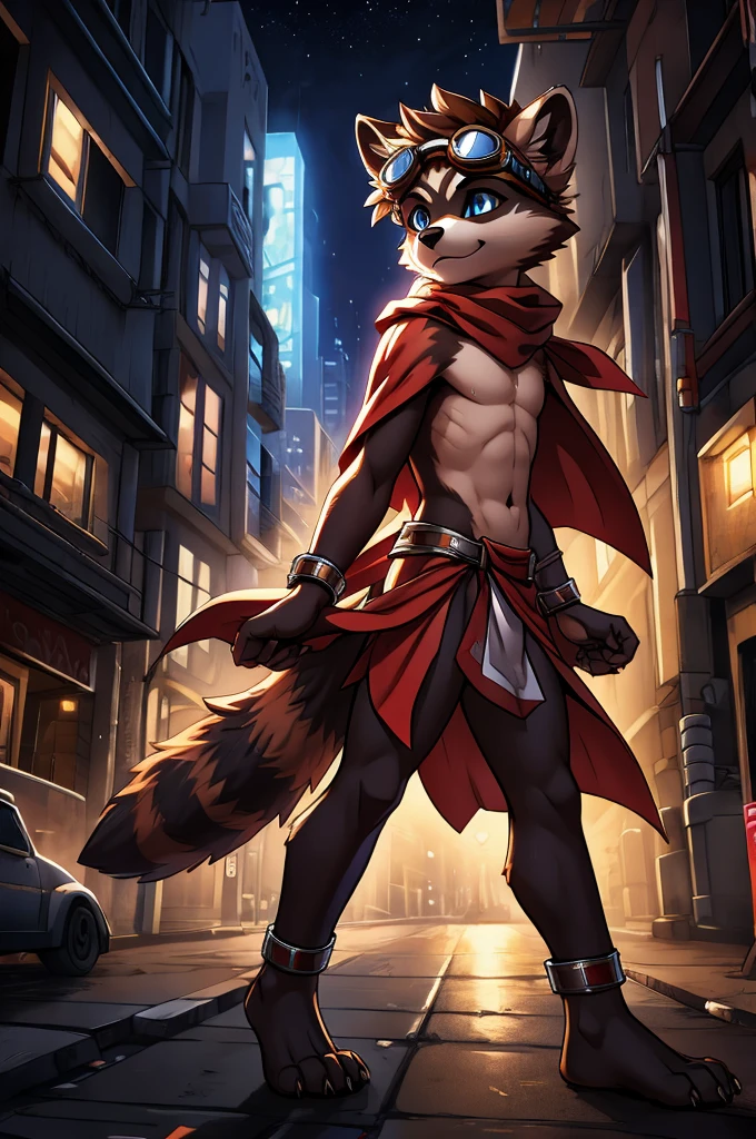 feno lighting, deep shadow, dynamic angle, masterpiece, high quality, hi res, solo, young Furry, furry, young, raccoon, spiked brown hair only on head, red scarf, blue eyes, goggles, red loincloth, red cape, masterpiece, detail body, fur all over body, detailed face, detailed eyes, detailed hands, Skinny, claws, high resolution, metal cuffs on wrists, no shirt, no underwear, city, night, street, side view