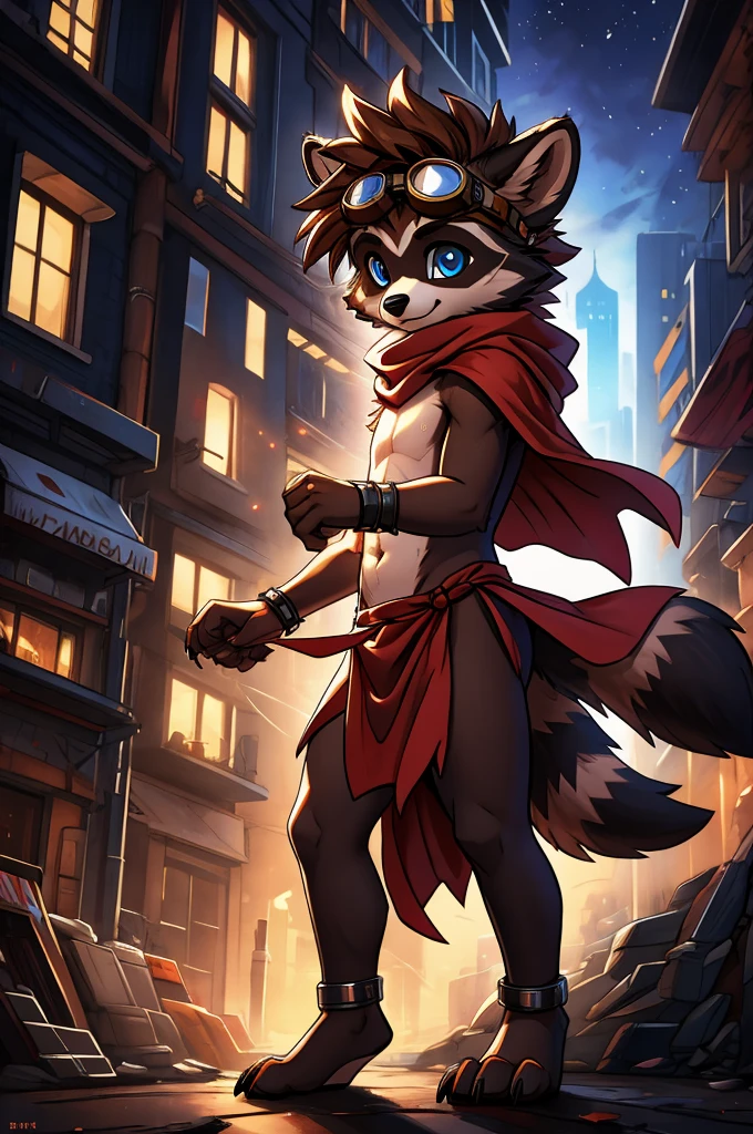 feno lighting, deep shadow, dynamic angle, masterpiece, high quality, hi res, solo, young Furry, furry, young, raccoon, spiked brown hair only on head, red scarf, blue eyes, goggles, red loincloth, red cape, masterpiece, detail body, fur all over body, detailed face, detailed eyes, detailed hands, Skinny, claws, high resolution, metal cuffs on wrists, no shirt, no underwear, city, night, street, side view