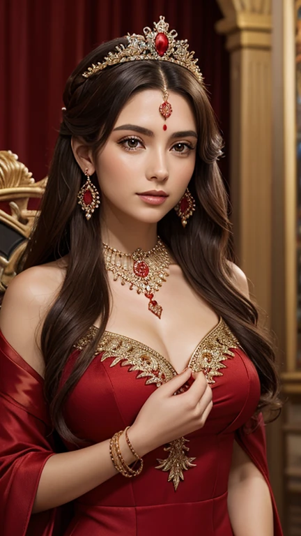 a goddess in a red gown, long hair with a crown, necklaces, earings, bracelets, detailed detail, 