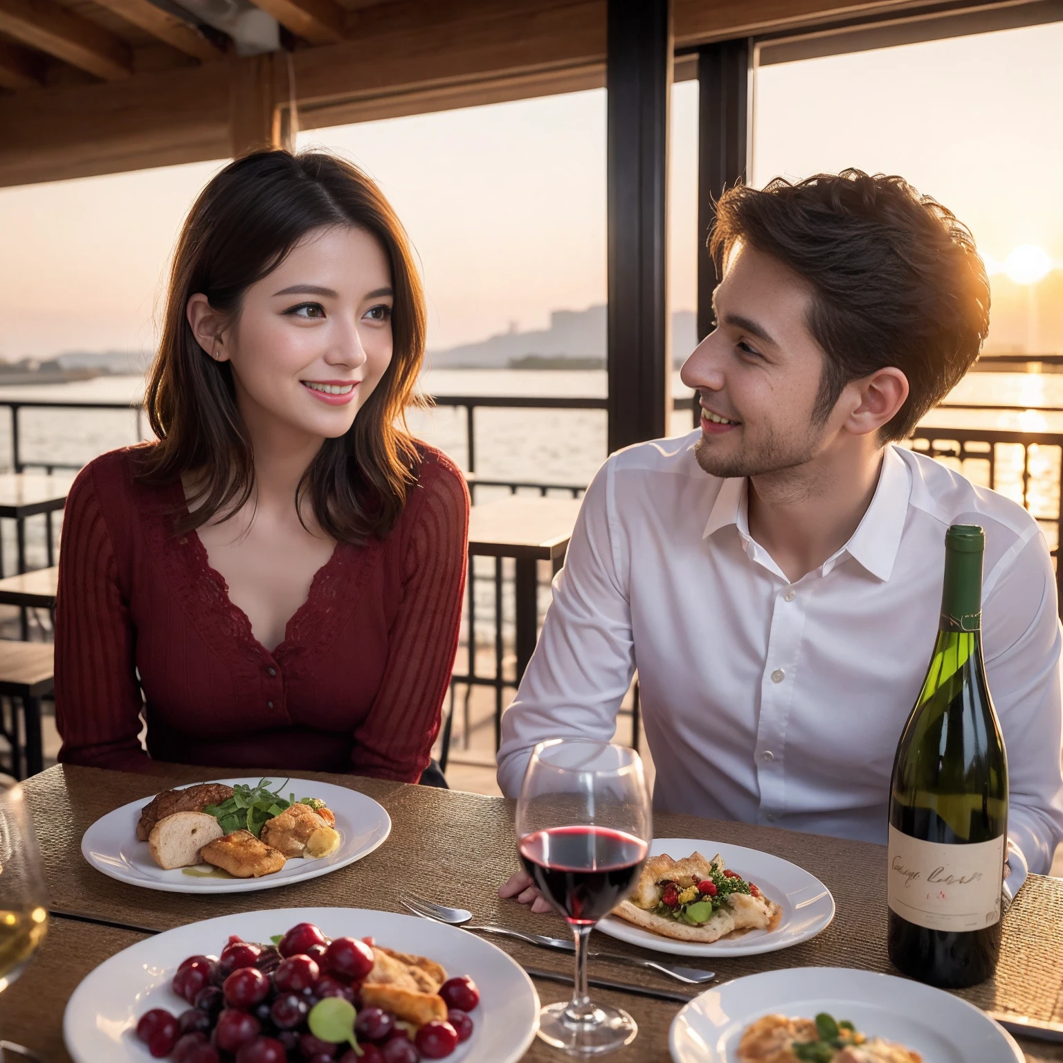 ((Highest quality、8k、masterpiece:1.3))、 (Genuineistic, Genuine、Bright image、Intricate details:1.2), Best smile 1 man 1 woman、Beautiful Couple、spouse、Couple、spouse、Beautiful Couple、Smile、full-course dinner、 (Slim face), (The body is slim), (Brown Hair), (short hair), テーブルの上のwine glass、Please shine a light on my face、 Amazing view of the sunset sky and clouds、 (Age 36), 41 years old, red wine 、Appetizers、Wine bottle、sparkling wine、Long sleeve shirt、dress、White wine, red wine, wine glass,