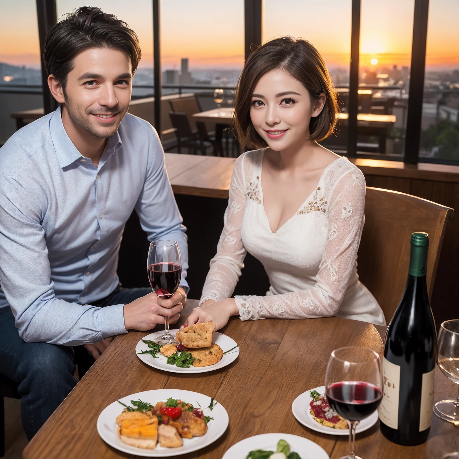 ((Highest quality、8k、masterpiece:1.3))、 (Genuineistic, Genuine、Bright image、Intricate details:1.2), Best smile 1 man 1 woman、Beautiful Couple、spouse、Couple、spouse、Beautiful Couple、Smile、full-course dinner、 (Slim face), (The body is slim), (Brown Hair), (short hair), テーブルの上のwine glass、Please shine a light on my face、 Amazing view of the sunset sky and clouds、 (Age 36), 41 years old, red wine 、Appetizers、Wine bottle、sparkling wine、Long sleeve shirt、dress、White wine, red wine, wine glass,