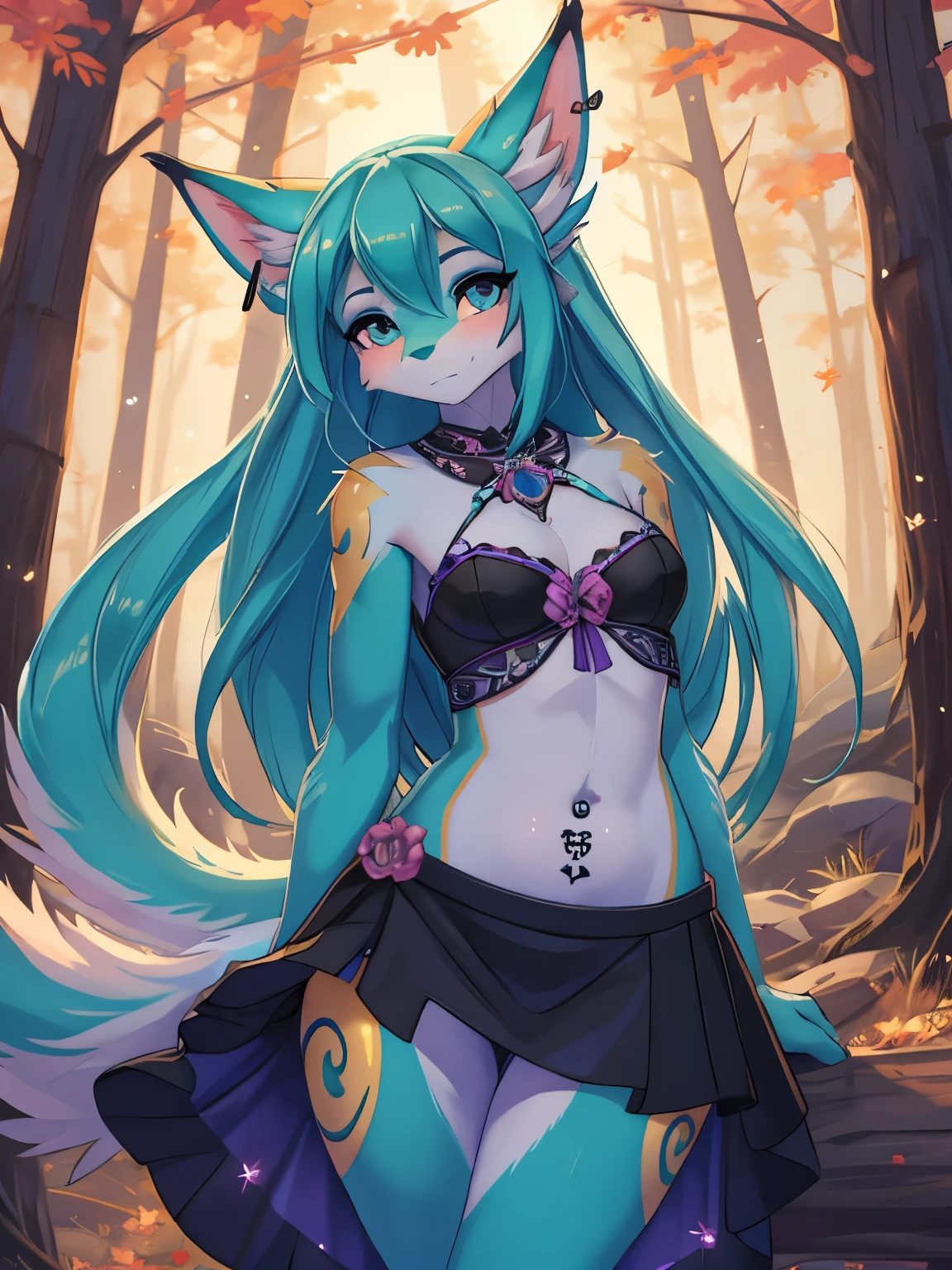 Chica anime, anime style, cute hatsune miku x suicune, shy girl , Orejas de Kitsune, arte de dark natasha, autum forest landscape, arte de vixen aztra, cuerpo completo, patas hermosas, cintura delgada, caderas amplias, piernas torneadas, hermosa, foto de cuerpo completo, sensual navel blouse, black mini skirt, navel piercing, ear piercing, navel tattoo, shy pose, beatifull and detailed hands, hincada en una playa mirando las estrellas de noche, witch girl, black aura, magic girl, witc dress, pentagrama in flor, sensual naged