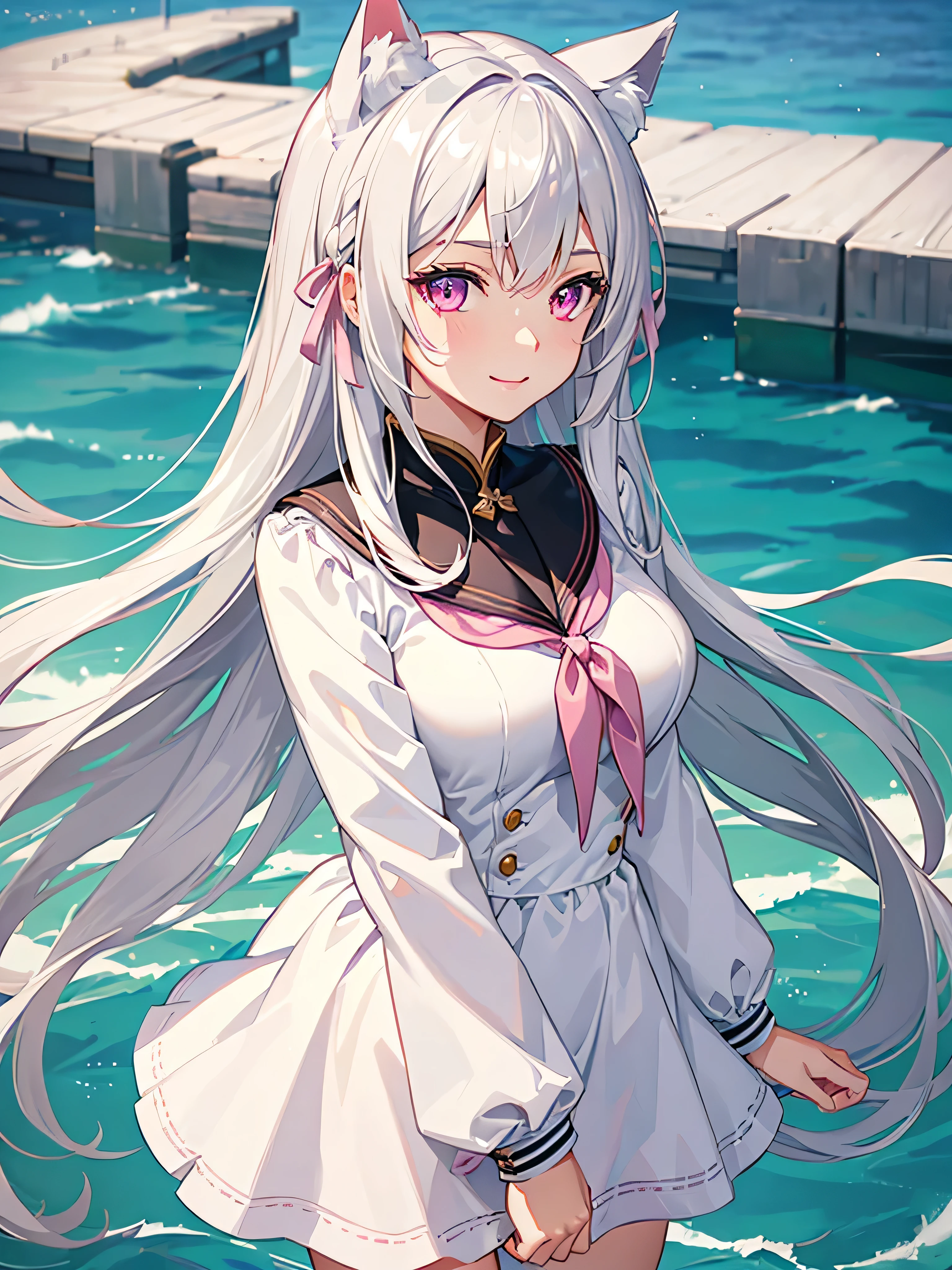 Highly detailed face,fine grain,Waterfront,Highlighted eyes, medium breasts ,pretty girl, smile shyly,Cat ear,Beautiful silver hair,Pink inside,Beautiful pink eyes,shiny skin, beautiful shadow,White sailor uniform,ribbon, I want to send a letter to you