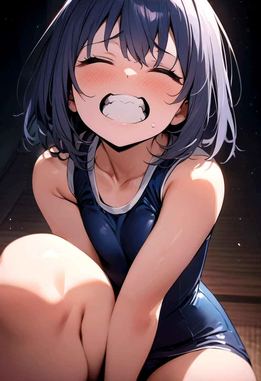 ((highest quality, masterpiece :1.3)),  Japanese beautiful girl、Navy blue school swimsuit、Panting in anger、Close your eyes、Gritting your teeth and enduring、Above the knee shot