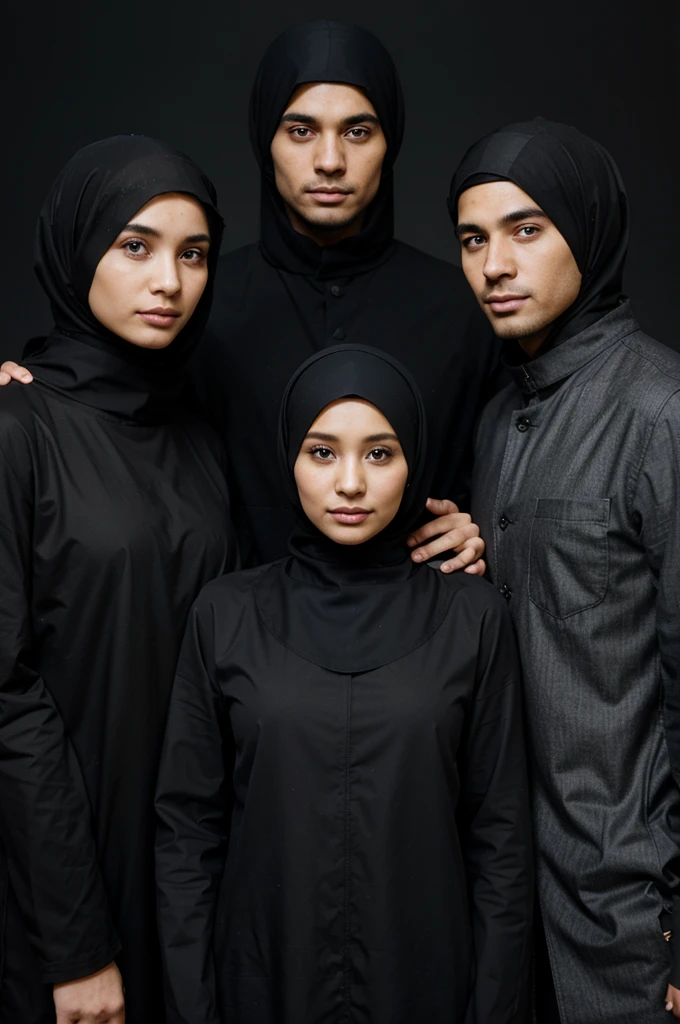 Family photo in Indonesia, six members, father and hijab mother aged 35 years, 4 daughter aged 14, 10, 8, 6, and years, they wear matching navy underwear, studio photo, bright living room, good lighting, green flower vase, detailed, realistic, UHD, 8K