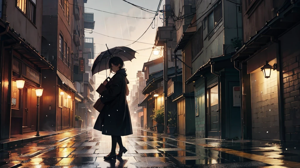 "No figures are present in any of the scenes. Landscapes, buildings, and rain-soaked flowers take center stage.""A rainy night under the streetlights. Puddles form in the alleyways.""A skyline of buildings from the Showa era. The atmosphere of a bygone era fills the air."