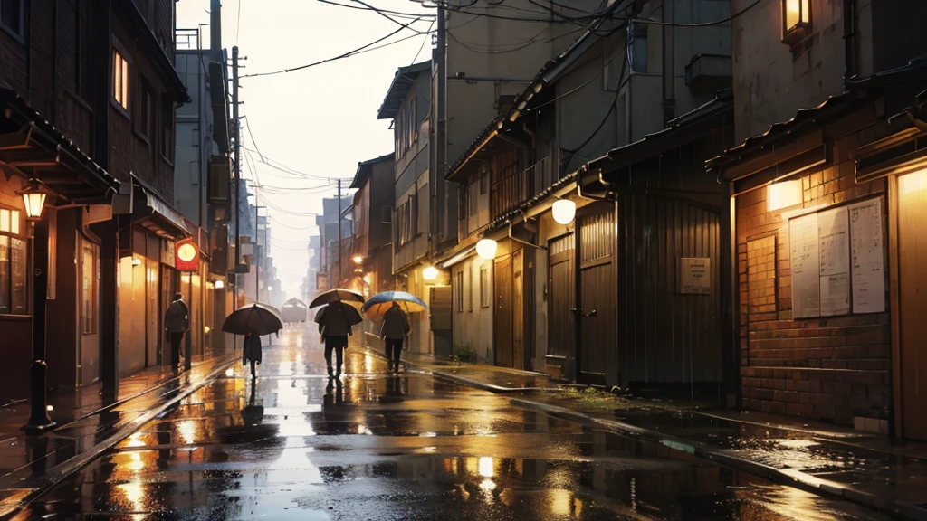 "No figures are present in any of the scenes. Landscapes, buildings, and rain-soaked flowers take center stage.""A rainy night under the streetlights. Puddles form in the alleyways.""A skyline of buildings from the Showa era. The atmosphere of a bygone era fills the air."