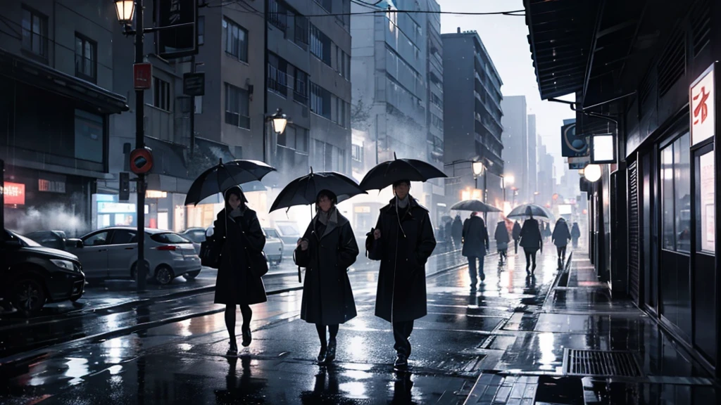 "No figures are present in any of the scenes. Landscapes, buildings, and rain-soaked flowers take center stage.""A rainy night under the streetlights. Puddles form in the alleyways.""A skyline of buildings from the Showa era. The atmosphere of a bygone era fills the air."