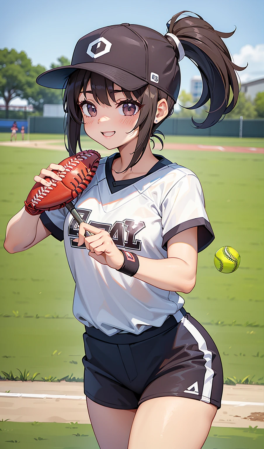 woman。(Softball competition)。smile、Dark Brown Hair、(Softball Ground)。(Women's softball uniforms:1.2)、Softball competition場。(Women's Softball Uniforms)。competition、Perfect hands、Facing the audience