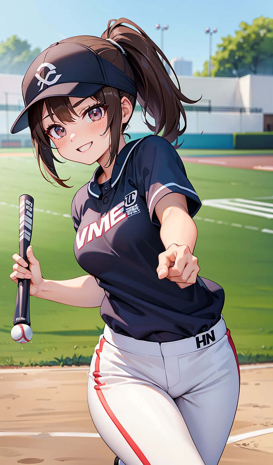 woman。(Softball competition)。smile、Dark brown ponytail、(Softball Ground)。(Women&#39;s softball uniforms:1.2)、Softball competition場。(Women&#39;s Softball Uniforms)。competition、Perfect hands、Facing the audience