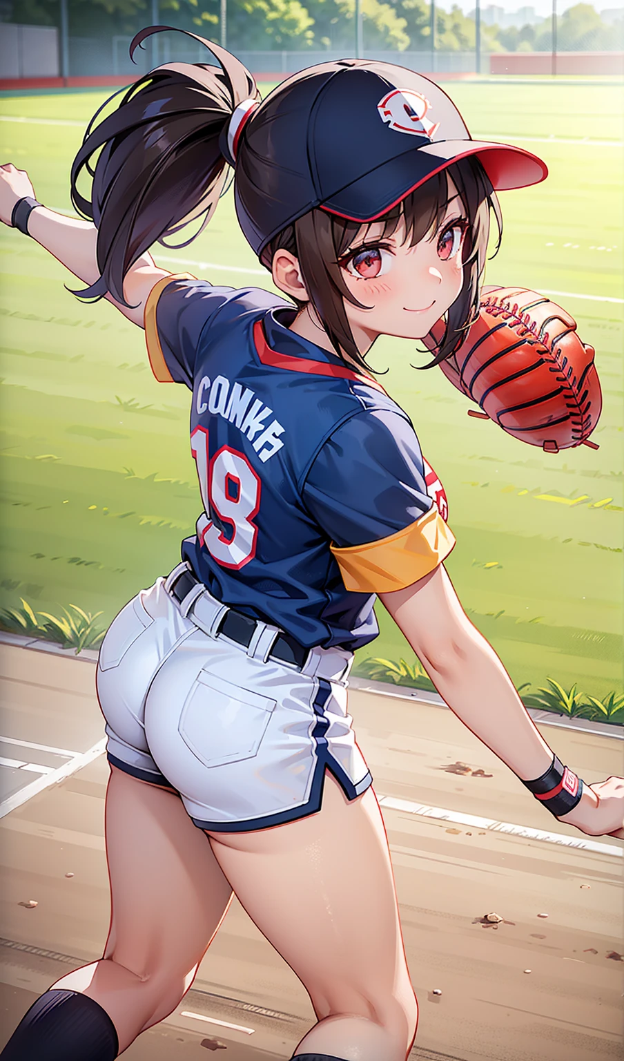 woman。(Softball competition)。smile、Dark brown ponytail、(Softball Ground)。(Women&#39;s softball uniforms:1.2)、Softball competition場。(Women&#39;s Softball Uniforms)。competition、Perfect hands、Facing the audience