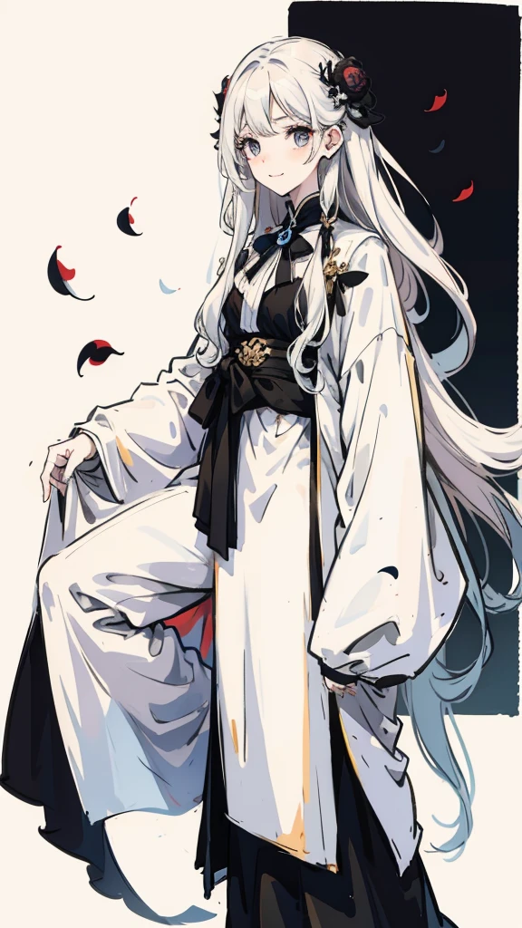 Woman , long wavy white hair, long wavy white hair , long wavy hair, long wavy hair, black eyes, black eyes, FOV, f1.8, masterpiece, front portrait shot, black and white casual modern clothing, plain white colored background with black petals, black petals, close up, smiling, full body