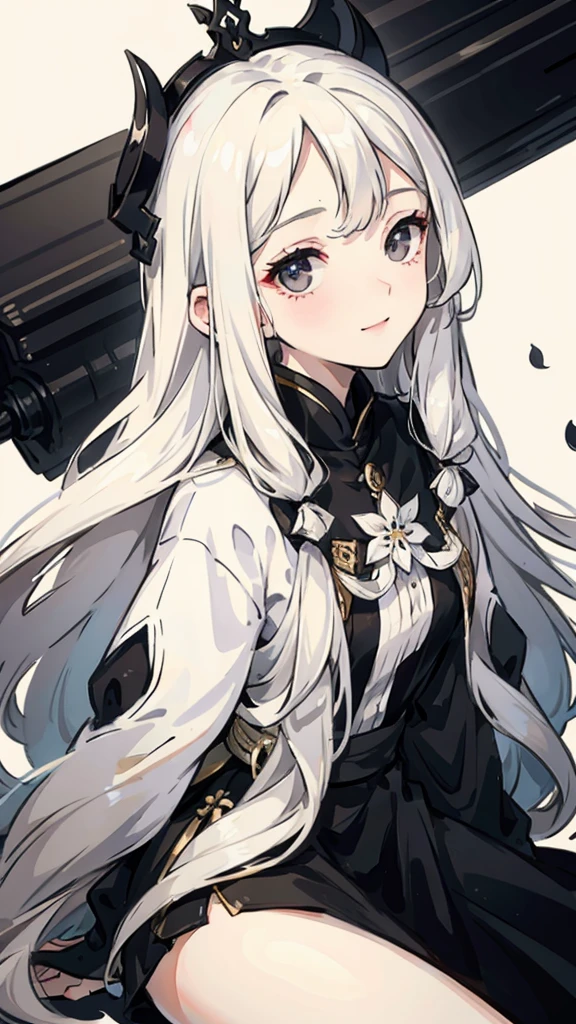 Woman , long wavy white hair, long wavy white hair , long wavy hair, long wavy hair, black eyes, black eyes, FOV, f1.8, masterpiece, front portrait shot, black and white casual modern clothing, plain white colored background with black petals, black petals, close up, smiling, full body
