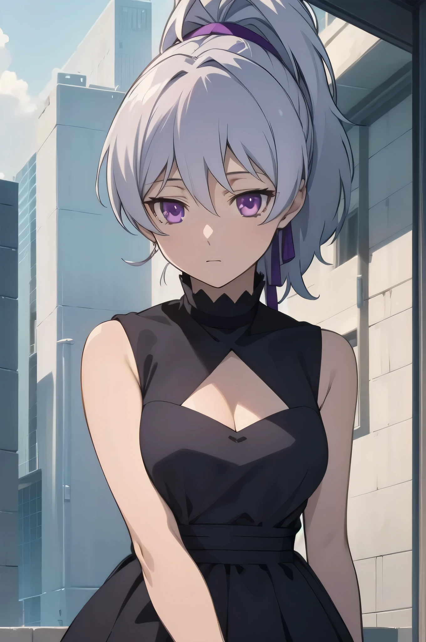 masterpiece, Highest quality, Movie stills, One girl, alone, View your viewers, Upper Body, , Anime Coloring, , Are doing_dark_than_black, Grey Hair, Purple eyes, ponytail, black dress,