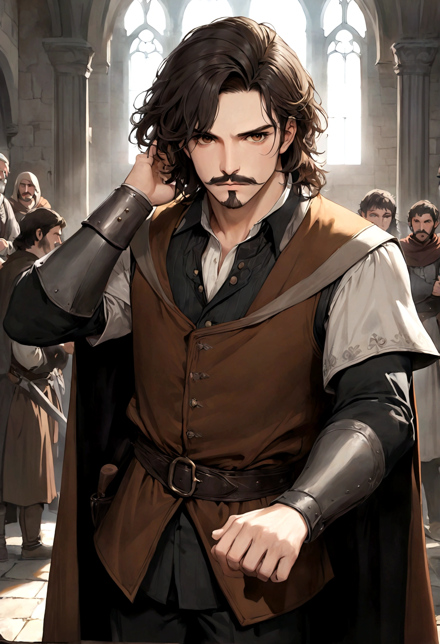 (Una gran armadura medieval para hombre), ), ((bigote estilo Van Dyke y (barba de chivo) "Van Dyke", Van Dyke beard)), (light brown eyes), Aspecto atractivo y serio, ((cabello muy largo oscuro, messy hair)), Elegante y con estilo, armadura, Un hombre maduro similar al actor Jim Morrison con el cabello largo, ((cabello muy largo)), (Imagen realista y de alta calidad), campamento medieval, ((La mejor calidad, 8K, obra maestra).((dynamic pose with forward gaze, viendo al espectador)), (cabello largo pasando los hombros)