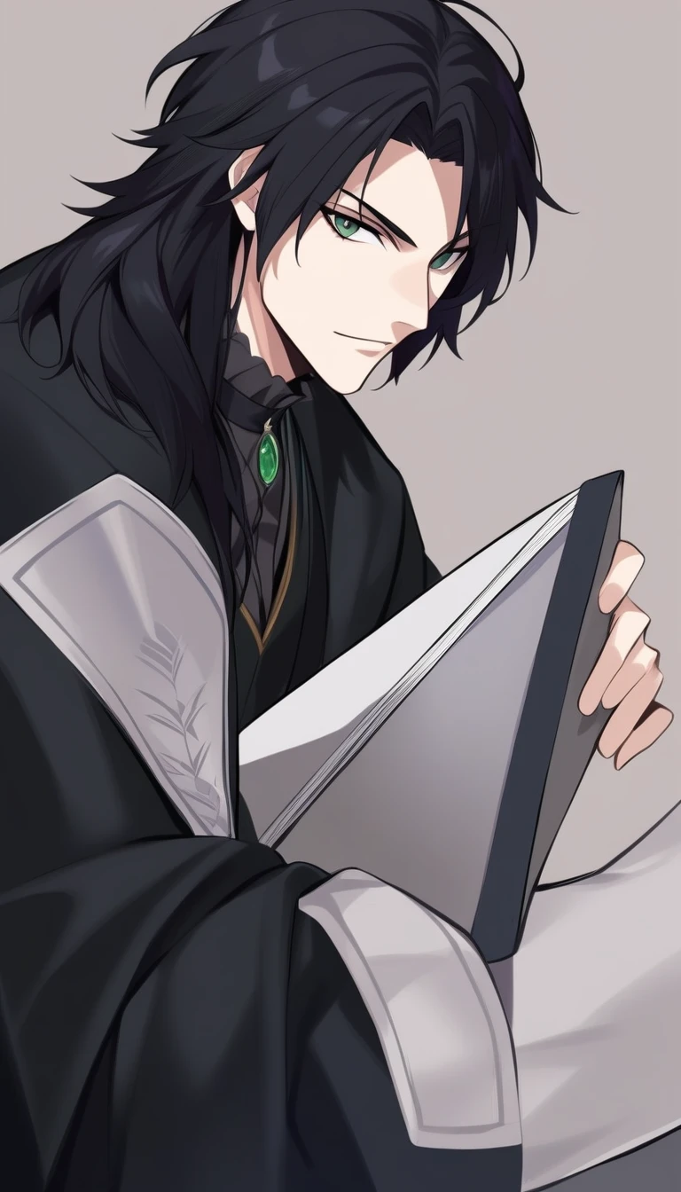 woolf cut boy, black hair, boy, looking at viewer, severus snaoe