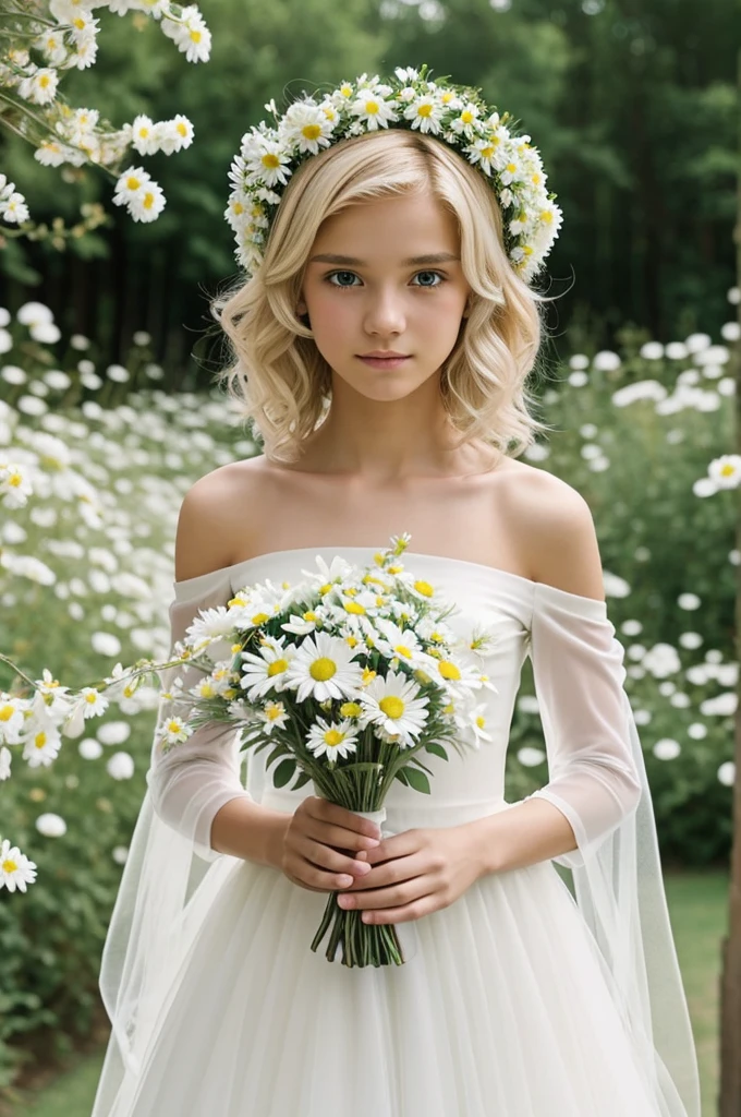Slim blonde boy twink with fluffy hair, pretty face wearing long plain white wedding dress with off-the-shoulder cut smooth and transparent long fluffy sleeves wearing colorful flower crown and holding a small bouquet of daisies in his hands