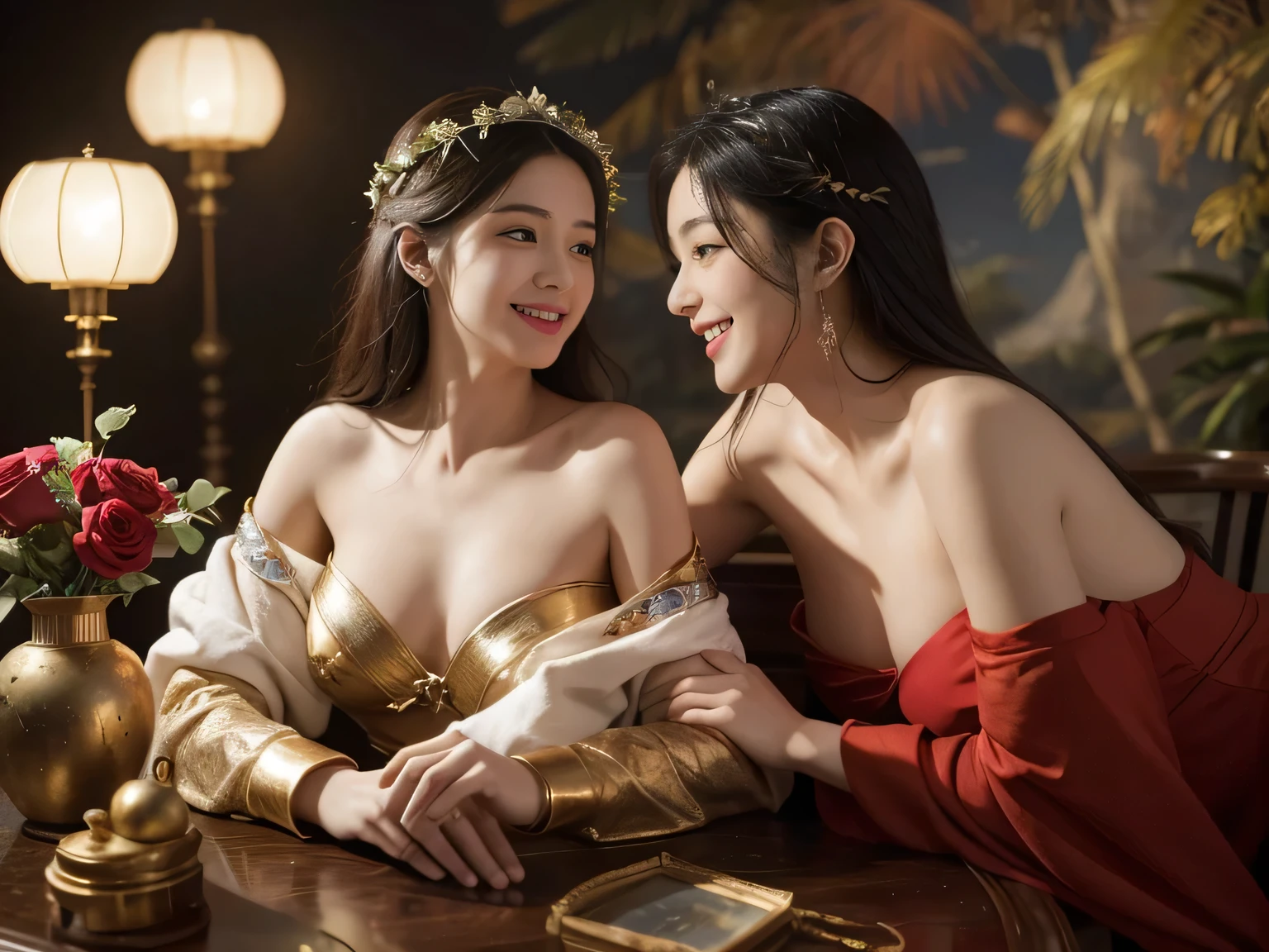 Giorgione painting style,Arguments of two female Philosophe,math、astronomical machine、astronaut、roses in vase、fruits、Cute trinkets、smile、ancient greek costume、Background is a forest lake at night 、Clothes that stretch your shoulders、A big smile、beautiful bare skin、A detailed representation of the seducing woman throughout her body.erotic smile,sexy