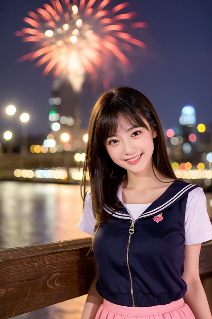 Image resolution 8K、masterpiece:1.3、cute、1 girl、(魅力的なBody Type:1.2)、abdomen:1.1、Dark brown hairstyle:1.1、(Body Type:1.2)、Ultra-detailed face、Attractive lips、double eyelid、Ultra-realistic and detailed Japanese school girl in a white short-sleeved zippered sailor suit and pink skirt、日本人のcute女の子、10th Generation、　(18-year-old)、Night view and large fireworks in the background、Breast Size: 82cm、Smiling with a nice smile、color々Hair style、Hair blowing in the wind