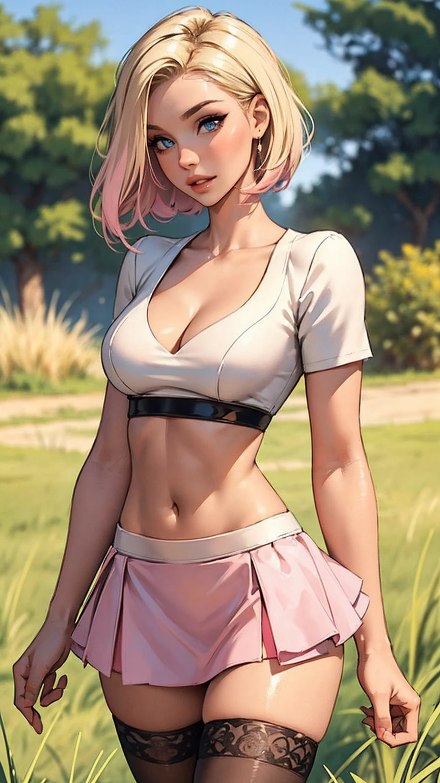 Highest Quality, ​masterpiece, beautifully detailed eyes,, short Blonde Hair, Gradient Hair, pink highlights in hair, large breasts, standing, makeup, glossy lips, full lips, (natural lighting), grass, small top, light smile, midriff, collarbone, thigh highs, miniskirt, cleavage