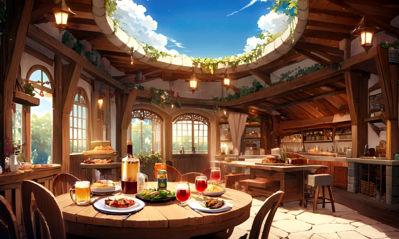 ((((masterpiece, Highest quality, High resolution)))), High detail, manga，anime，Illustration Style，Use of bright colors，The color scheme is reminiscent of daytime scenes from Ghibli Studios., Medieval European fantasy world,Villa bedroom, Sophisticated interior,There are lots of big beds lined up,Sunlight is shining through the window、Large space，No humans， RPG-like scenery, Beer available, Wine and delicious food on the table., The sky is bright blue、Fluffy white clouds floating, And the sun is shining brightly, Creates a magical and cozy atmosphere, Bright daytime atmosphere.