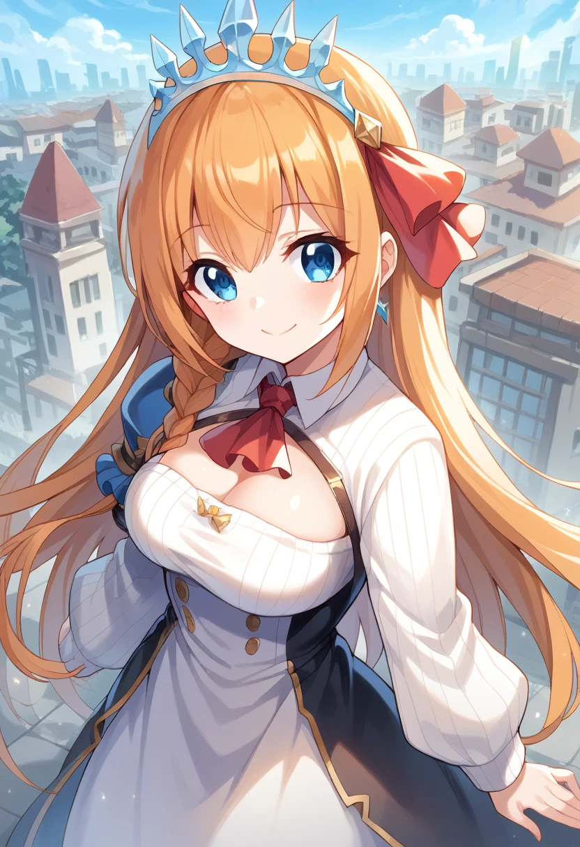 anime style, high view, pecorine, mature female, blue eyes, big chest, white sweater long Sleeve, hair ornament, long hair, orange hair, tiara, braid, hair braid, standing, smile, hand back body, city, future city theme, Volumetric light, Volumetric particles,