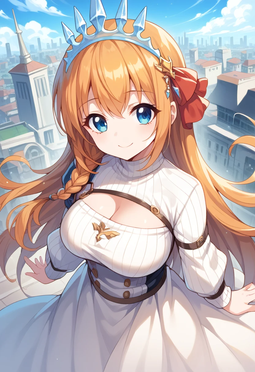 anime style, high view, pecorine, mature female, blue eyes, big chest, white sweater long Sleeve, hair ornament, long hair, orange hair, tiara, braid, hair braid, standing, smile, hand back body, city, future city theme, Volumetric light, Volumetric particles,