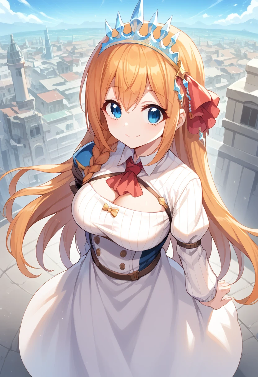 anime style, high view, pecorine, mature female, blue eyes, big chest, white sweater long Sleeve, hair ornament, long hair, orange hair, tiara, braid, hair braid, standing, smile, hand back body, city, future city theme, Volumetric light, Volumetric particles,